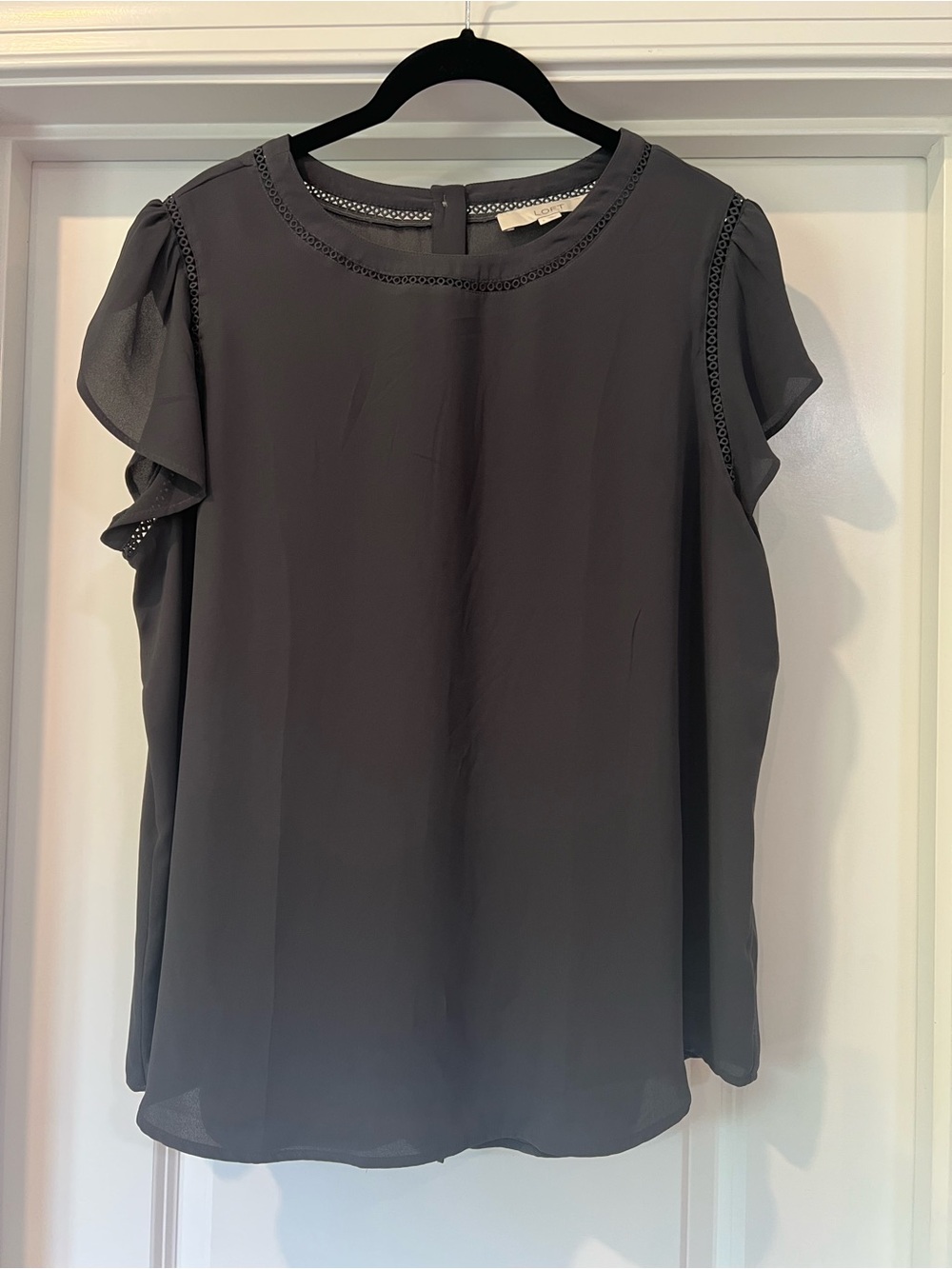 LOFT Charcoal Grey Ruffle Sleeve Blouse with Eyelet Trim